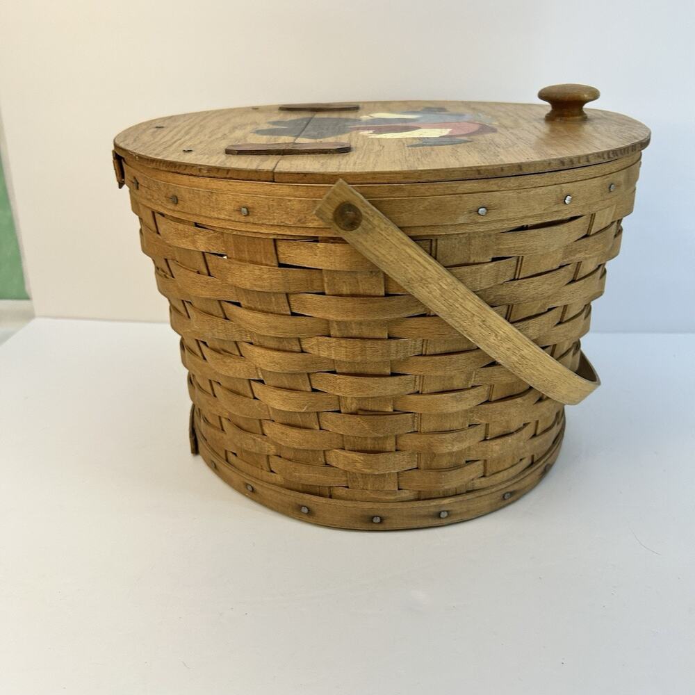 Vintage 1986 Longaberger Sewing Yarn Basket Leather Hinged Lid Painted - Picture 5 of 16